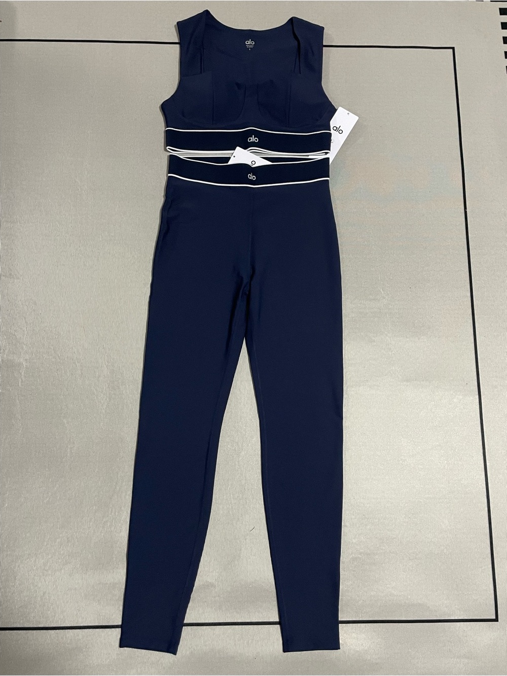 ALO Yoga Navy Sleeveless High-Rise Jumpsuit with White Piping